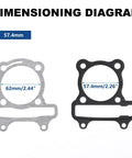 Dimension diagram of GY6 150cc Long Case Engine Gasket Kit For 152QMI 157QMJ 4 Stroke Scooters with sizes 57.4mm and 62mm.