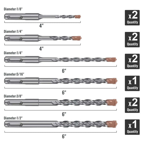 10-pack SDS Plus rotary hammer drill bits, carbide tipped, 1/8–1/2 in diameters, 4–6 in lengths, Amazon brand