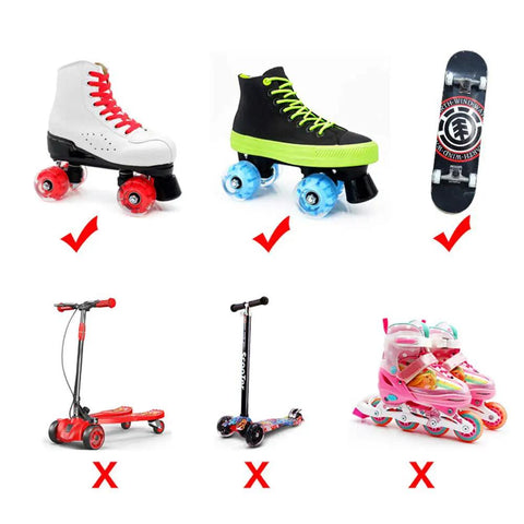 Lit Up Quad Roller Skate Wheels With ABEC Nine Bearings 32mm By 58mm with green sneakers and classic skate boot design.