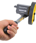 LiebeWH Measuring Wheel 0-9999.9m Telescopic Handle 0.5% Accuracy held in hand, black and yellow with digital display.