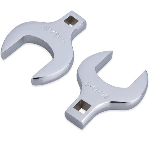 Two wrenches from the 14 Piece Jumbo Crowfoot Wrench Set For 1/2 Inch Drive Chrome Vanadium Steel With Storage Tray SAE Sizes From 1-1/16 To 2 Inches Rust Resistant Mirror Finish