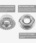 Close-up of 50 Sets M6 Hex Serrated Flange Nuts Kit with 304 Stainless Steel for automotive repair, showcasing workmanship and specifications.
