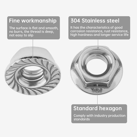Close-up of 50 Sets M6 Hex Serrated Flange Nuts Kit with 304 Stainless Steel for automotive repair, showcasing workmanship and specifications.