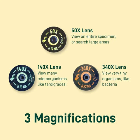 Hands On Explorer Kit Green Metal Microscope Set With Three Lenses 50X 140X 340X LED Light Source Battery Powered Smartphone Compatible Achromatic Objective Lens Ideal For Home Science Experiments And School Projects For Curious Kids. 3 magnification lenses shown