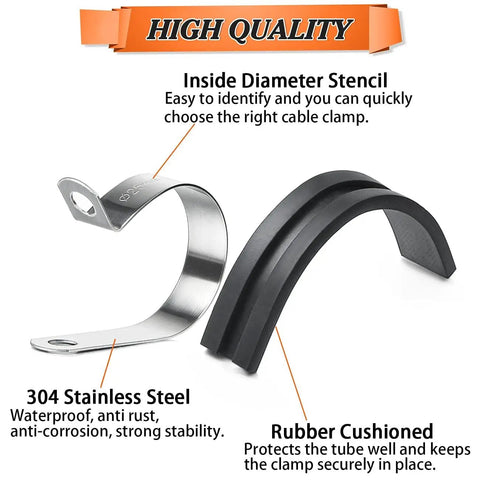 304 stainless steel hose clamp with rubber cushion from 52 Piece Clamp Kit With Rubber Cushions, Stainless Steel Hose Clamps In Six Sizes From 1/4 Inch To 3/4 Inch, Heavy Duty Metal Clamps For Fuel Lines, Water Pipes And Air Tubing, Stored In Compact Organizer Box