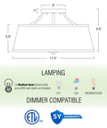 Diagram of Dope Modern Gold 3 Light Semi Flush Mount Ceiling Light With White Tapered Fabric Shade In Warm Brass Finish dimensions