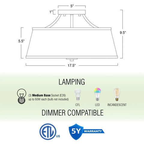 Diagram of Dope Modern Gold 3 Light Semi Flush Mount Ceiling Light With White Tapered Fabric Shade In Warm Brass Finish dimensions