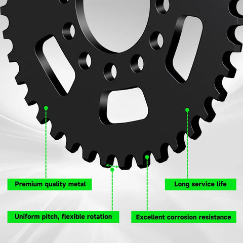 Close-up of a black 40-tooth sprocket for 35-chain, highlighting features for mini bikes and go-karts, 12-hole mounting