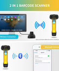 Upgraded 2D And 1D Bluetooth Barcode Scanner With Charging Dock Wireless 2.4G And BLE 2600mAh Battery shown connected