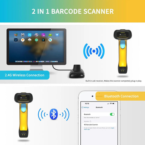 Upgraded 2D And 1D Bluetooth Barcode Scanner With Charging Dock Wireless 2.4G And BLE 2600mAh Battery shown connected