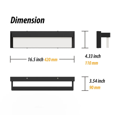 LED Bathroom Vanity Light Fixture Over Mirror 16.5 Inch Modern Rectangle Black Matte Metal Lighting Bar 4000K Daylight Wall Sconce dimensions diagram