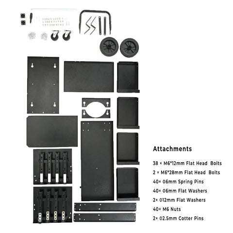 Parts and attachments for Heavy Duty Welder Cart With 2 Tier 4 Drawer Storage, including bolts, washers, wheels, and panels.