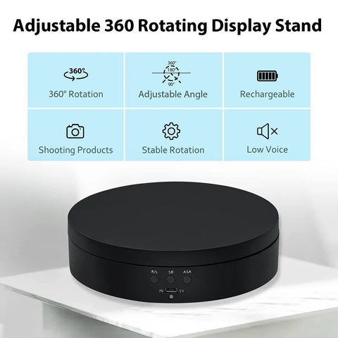 Adjustable black 360 Degree Rotating Display Stand with motorized spinning platform for photography on white surface