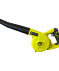 Heavy Duty 18V Cordless Workshop Blower For Slick Dust Sweep And Sawdust Cleanup With Triple Power Settings That Kicks Wood Shavings Right Out Zero Cord Tangling Or Annoying Setup Hassles Built Different with a yellow body.