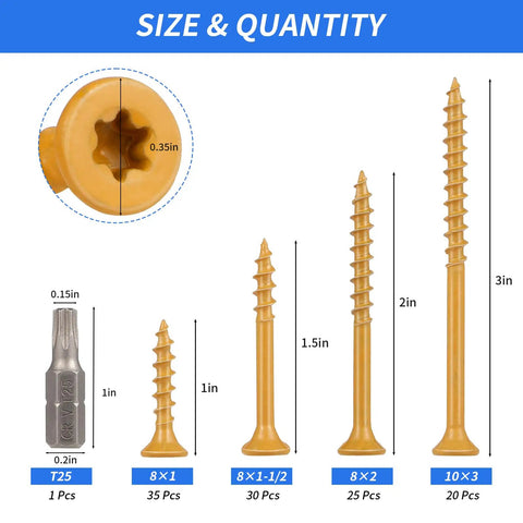Size chart of Heavy-Duty Outdoor Wood Deck Screw Kit With Bronze Epoxy Coated Rust Resistance, T25 bit, assorted lengths.