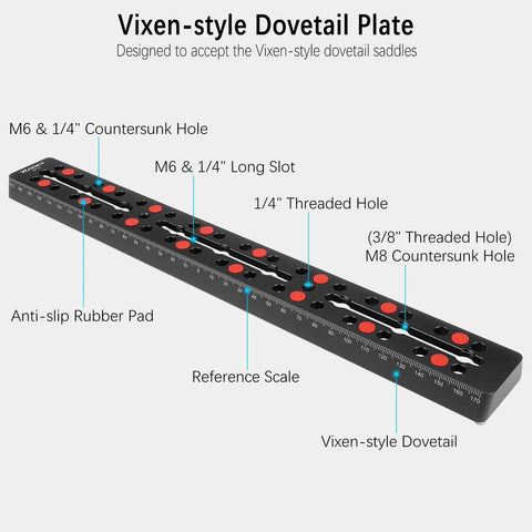 Vixen Style Dovetail Telescope Mounting Plate 350mm Rail Bar with detailed labels showing slots, holes, and features for astrophotography.