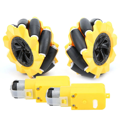 Amazon Mecanum wheel set for geared motors; yellow 80mm wheels with rubber-coated rollers, includes two motors.
