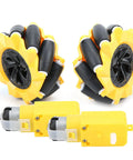 Mecanum wheels and TT geared motors, front view: two yellow 80mm rubber-coated wheels with black rollers.