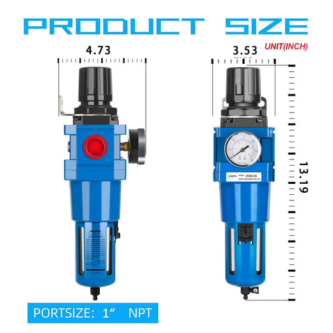 Dimensions of Smart 1 Inch NPT Compressed Air Filter Regulator Combo with 5 Micron Brass Element shown