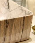 Close-up of the Marbling Vessel Sink, Bathroom Sink Rectangle with Faucet and Drain Ceramic Counter Top, showing unique marble design.
