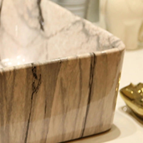Close-up of the Marbling Vessel Sink, Bathroom Sink Rectangle with Faucet and Drain Ceramic Counter Top, showing unique marble design.