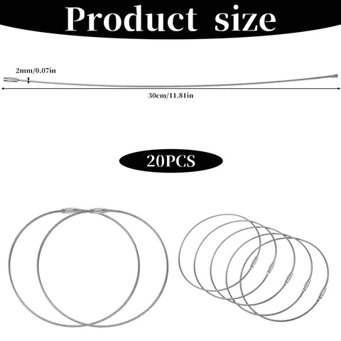 20 Pack Stainless Steel Wire Keychain Cables 11.8 Inch with 2mm Twist Barrel Screw Lock Rings shown in multiple sizes