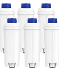 Prime Grade Coffee Water Filter Replaces Delonghi DLSC002 Ecam Machines, 6-pack white cartridges with blue tops.
