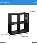 Open Back 4 Cube Storage Organizer In Black Built With A Sturdy Frame And Finished On Front And Back Perfect For Living Room Or Closet Organization Accepts 13 Inch Fabric Bins Easy Assembly