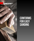 Hand using Dual Angle Sanding Sponge 320 Grit for wet or dry use on wood, angled sides for detail work, by 3M SandBlaster