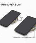 10W Fast Wireless Charger Pad Slim Portable Charging Station For Phone with 6mm thickness, demonstrating wireless charging feature.