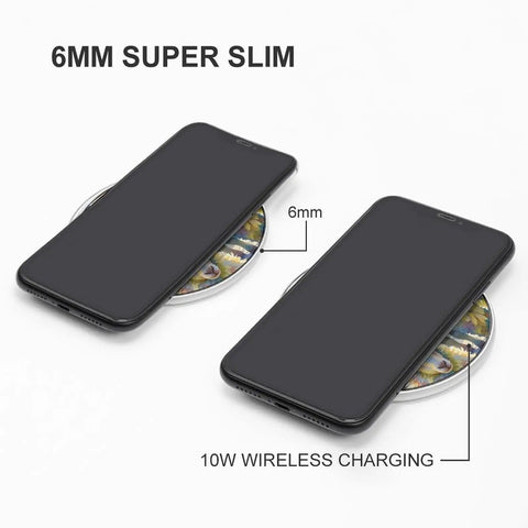 10W Fast Wireless Charger Pad Slim Portable Charging Station For Phone with 6mm thickness, demonstrating wireless charging feature.