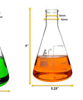 Three sizes of Erlenmeyer flasks from Nine Piece Lab Glassware Set Made From Borosilicate 3 Point 3 Glass, filled with colored liquids.