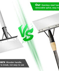 Comparison of adjustable long handle steel flat shovel vs competitor's wooden handle for outdoor cleaning