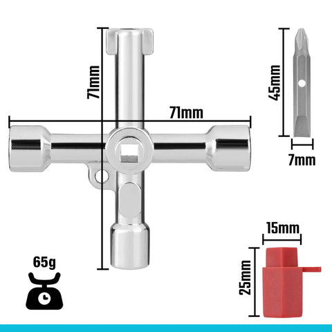 Four Way Sillcock Key With Bit Multi Functional Water Key Cross Key 1 Pack in zinc alloy with measurements and bit