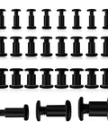Thirty Pack Of Solid Binding Post Screws With Socket Cap Heads M4 M5 M6 By 10mm Long Featuring Black Zinc Finish On Hella Tough Stainless Steel For No Sweat Installation And Serious DIY Hardware Upgrades Anywhere - close-up of screws arranged in rows.
