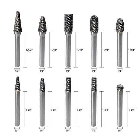 Heavy Duty One Quarter Inch Shank Carbide Burr Set Double Cut Tungsten Rotary Bits for Die Grinder, 10-piece set