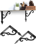 Heavy Hitter L Shaped Shelf Brackets 20 Pack Matte Black Steel supporting a wooden shelf with decor items mounted on the wall.