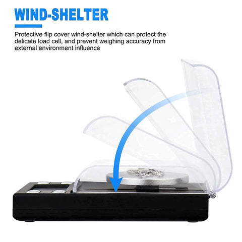 Ultra Precision Milligram Scale 50g/0.001g Pocket Scale With Tare And LCD Display showing wind-shelter in open position.