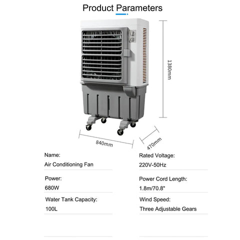 Portable Swamp Cooler With 100 Liter Water Tank And Three Wind Speeds To Beat The Scorching Heat, features water tank, adjustable airflow, and caster wheels.