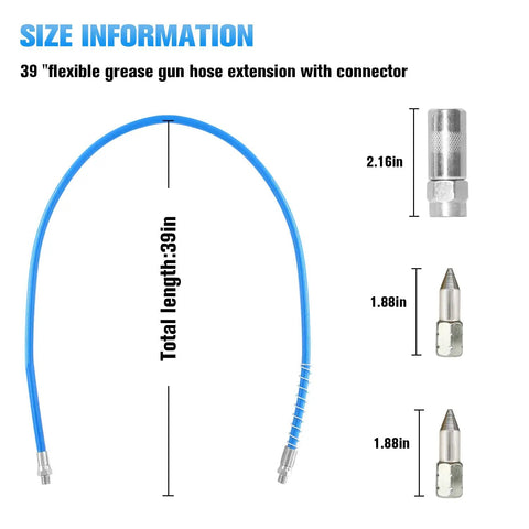 39 Inch Flexible Grease Gun Hose Kit With Spring Guard, 6 Inch Angled Tube, Standard Couplers And Sharp Type Nozzle One Eighth Inch NPT
