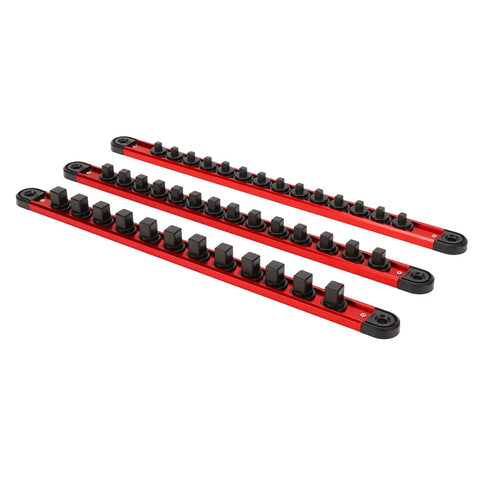 Magnetic Socket Rail Organizer with 42 Slots for One Quarter Inch Three Eighths Inch and One Half Inch Drive Sockets in red