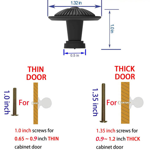 Flat Black Cabinet Knobs Set 30 Pack, diagram showing dimensions and screws for different door thicknesses.