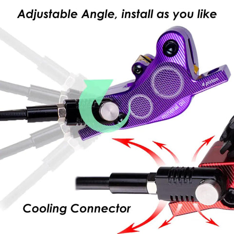 4 Piston Mountain Bike Hydraulic Disc Brake Set With 160mm Floating Rotors, adjustable angle, cooling connector detail