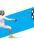 Fencer using Fencing Practice Target With Bullseye Design For Foil Saber Epee And HEMA, self-training in home gym environment