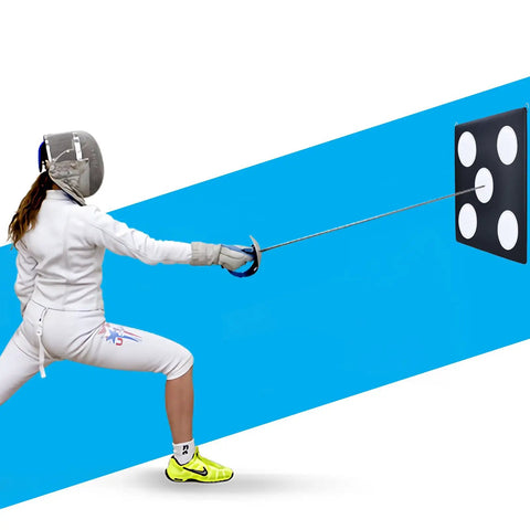 Fencer using Fencing Practice Target With Bullseye Design For Foil Saber Epee And HEMA, self-training in home gym environment