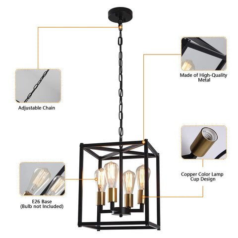Lantern Pendant Light 4 Light Gold Chandelier With Farmhouse Industrial Cage Frame featuring exposed bulbs and metal frame