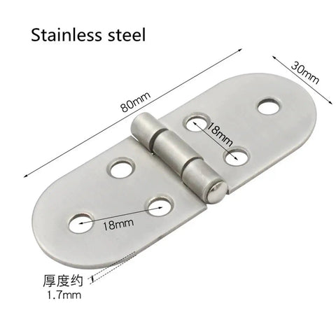 Stainless steel hinge dimensions, highlighting 80mm length and 30mm width, suitable for door and cabinet installation.