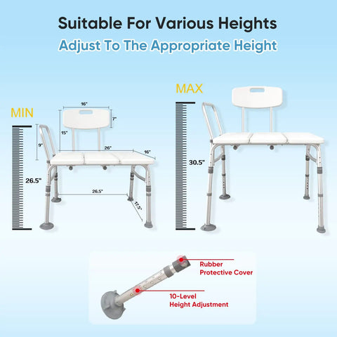 Heavy Duty Bathtub Transfer Bench With Back And Arm Rests, Height Adjustable to 30.5 Inches, Non Slip Feet, Senior Friendly Shower Chair