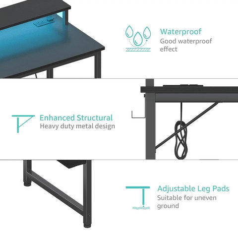 Details of 40 Inch Black Gaming Desk With LED Lights And Built In Power Outlets USB Ports Monitor Stand And Charging Station
