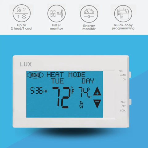Programmable Large Touchscreen Thermostat For Home Comfort And Cooling, Easy To Read Display, Works With Most North American Systems, Set 2 Or 4 Daily Periods, White, showing settings menu and temperature